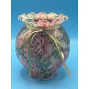 Vintage Hand Painted And Reverse Decoupaged Ruffle Vase Floral Design Grannycore